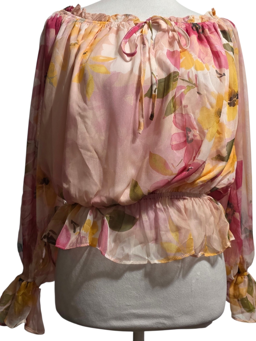 Lovecolette Floral Off Shoulder Peasant Blouse Pink Yellow Chiffon Boho Sz S